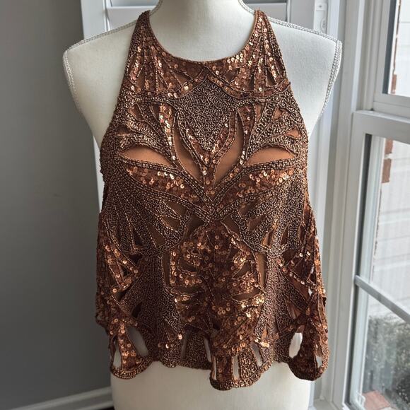 MAEVE by Anthropologie Top Size L Brown Embellished Cutwork Cross Back Tank NWT - Picture 2 of 16